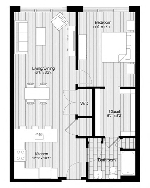 Floor plan for 1 bed, 1 bath, 877 sqft